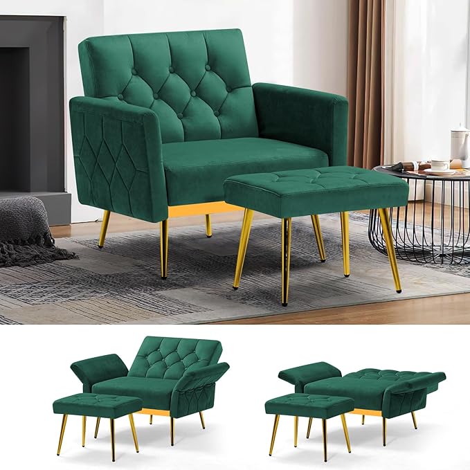 ACMEASE Velvet Accent Chair w/Adjustable Armrests and Backrests, Tufted Single Armchair w/Ottoman, Upholstered Reading Chiar for Living Room, Apartment, Bedroom, Green