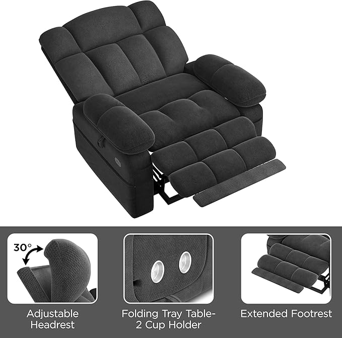 Dual Motor Power Lift Recliner Chair for Elderly with Adjustable Headrest,Extra Wide Recliner Chair with Massage,Lay Flat Recliner with Extended Footrest,Cup holder,Storebox,USB&Type-C Ports,Dark Grey