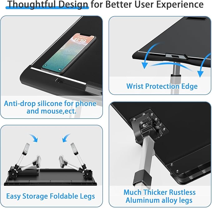 Laptop Bed Desk, X-Large Leather Adjustable Computer Bed Table Tray, Foldable Laptop Lap Desk for Bed Sofa Couch Floor Writing Eating Working with Drawer 2 Movable Stoppers (23.6 inch, Black)