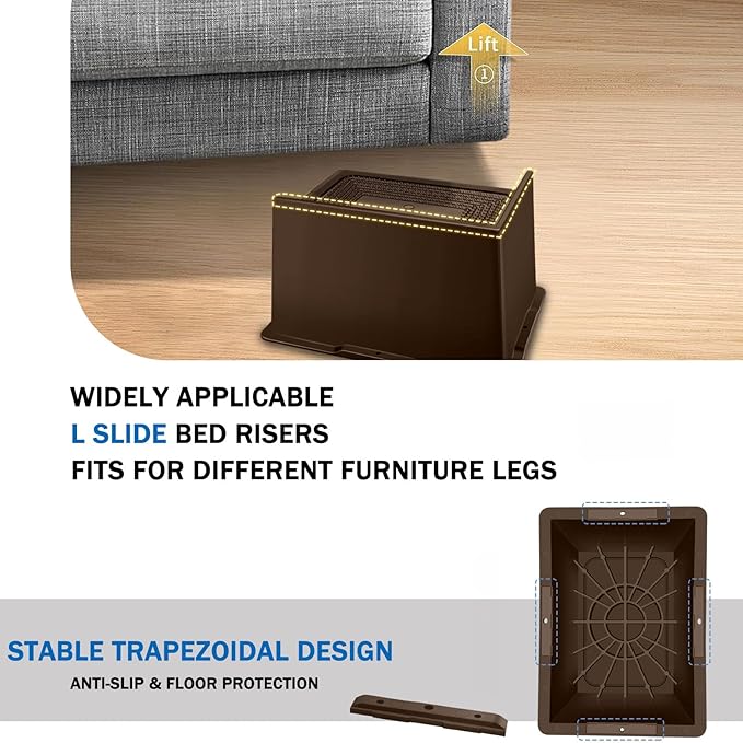 ANNKUT Bed Risers 4 Inch Heavy Duty,Oversized Couch Risers, Extra Wide Furniture Risers for Sofa Table Desk Headboard Chair Lifting,Rectangle Risering Blocks Support 6000 lbs(4 Pack Brown)