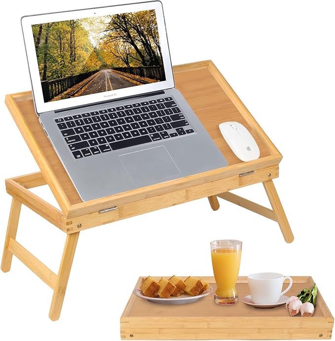 Bed Tray Breakfast Food Tray with Folding Legs Kitchen Serving Tray for Lap Desks Notebook Computer Sofa Platters TV Snack Tray(Beige, Large)