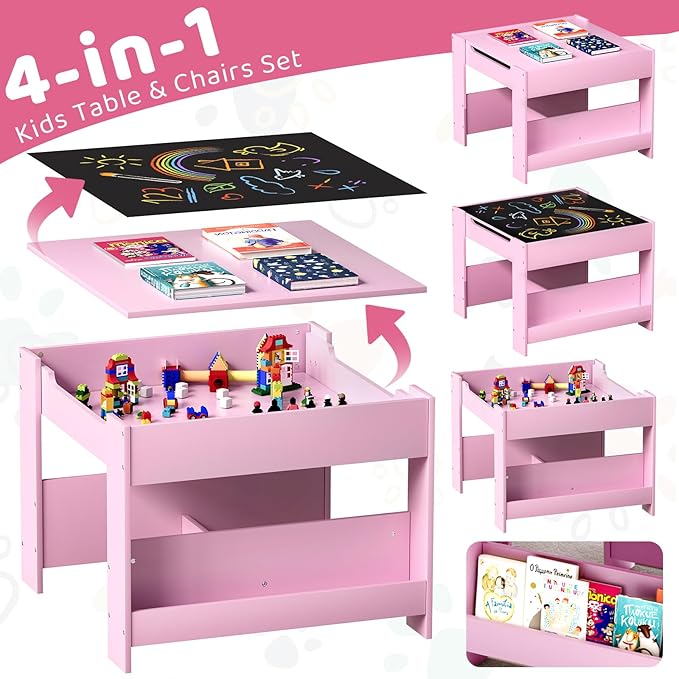 Arlopu Kids Table and Chairs Set, 4 in 1 Toddler Art Desk with Storage Drawer, Wooden Activity Deskboard, Blackboard, Reversible & Detachable Tabletop, Bookshelf for Drawing, Reading (Pink)