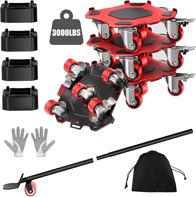 LOYAL TIGER Furniture Dolly & Movers 4-Pack 3000lbs - Heavy Duty Interlocking Furniture Sliders with No Scratch Design, Safe for Hardwood Floors, for Sofa/Refrigerator/Piano Moving (Red, 7in)