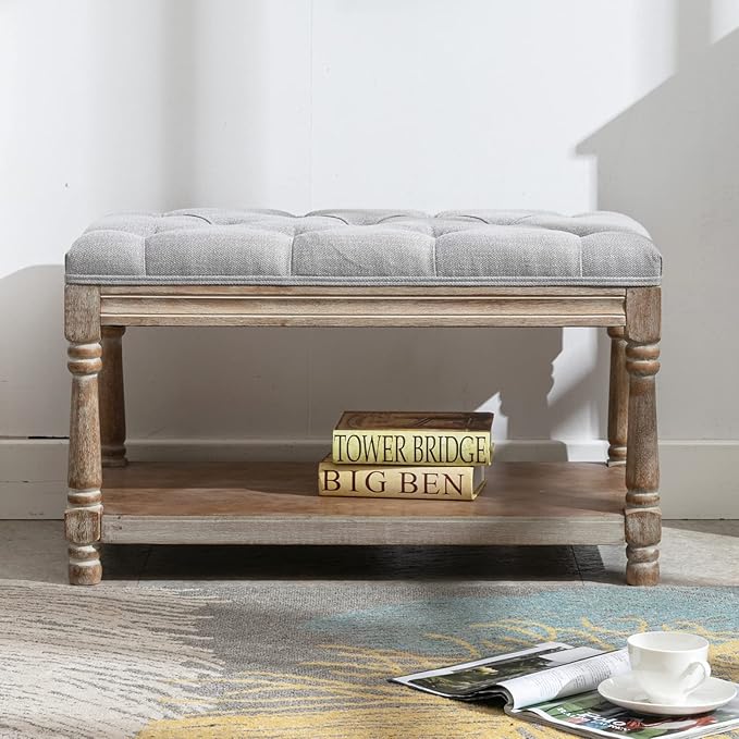 Farmhouse Storage Bench Wooden Entryway Linen Upholstered Ottoman Button Tufted Bench for Bedroom End of Bed Hallway Organizer, Grey, 32 Inch
