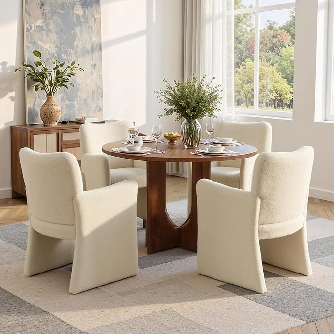 CIMOTA Boucle Dining Chairs Set of 2, Sherpa Upholstered Accent Chairs with Arms/Wood Legs, Comfortable Kitchen Chairs for Living/Reception/Dining Room, Beige