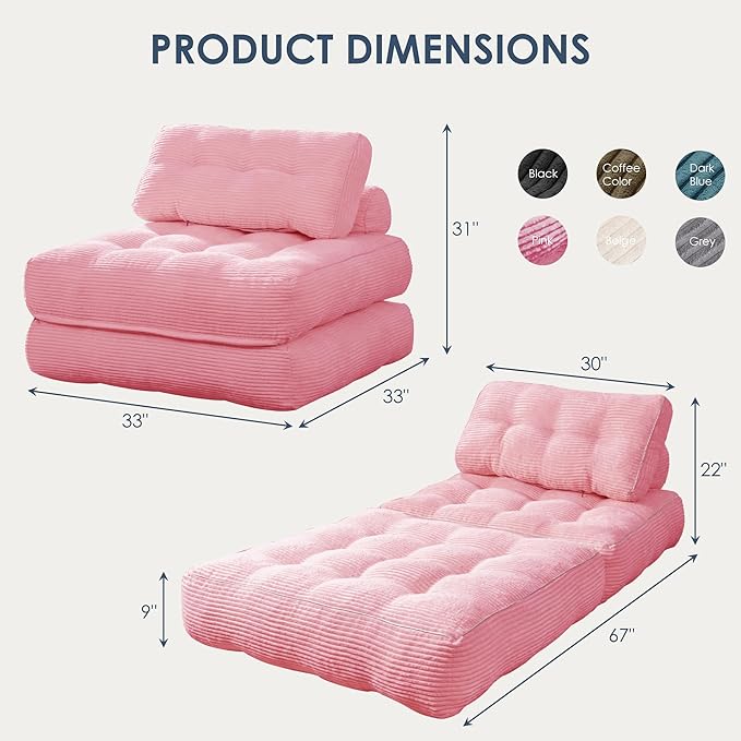 Folding Sofa Bed,Convertible Sleeper Chair for Adults, Folding Sofa Bed Foam Filling Couch with Pillow，Sleeper Chairs Single Size Floor Mattress,Pink