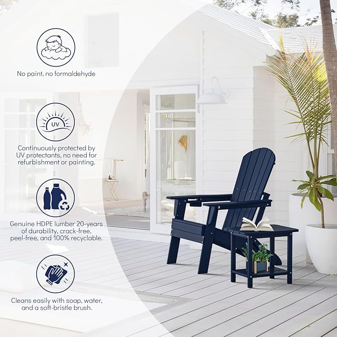 Plawdlik Folding Adirondack Chair, SGS Tested, Wooden Textured with Cup Holder, Heavy All-Weather HDPE Comfortable Set Poolside Backyard Lawn Navy Blue Set 4