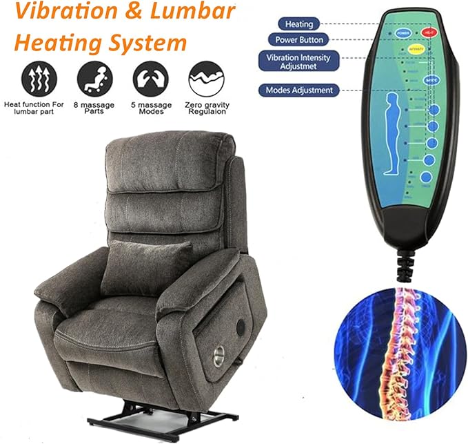 Large Recliner Chair for Elderly | 6ft Tall and Big Man 400lbs | Chenille | Power Lift, Lay Flat, Stand Up, Wireless Charging Device, Extended Footrest, Massage Heat, Cup Holder, Lumbar Pillow