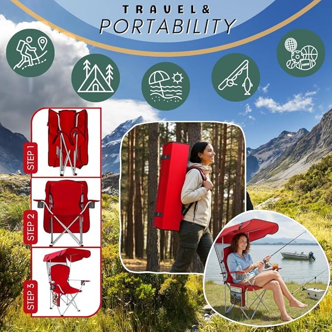 CozyBox Portable Folding Camping Chairs with Canopy Shade, Beach Chair for Adults, Durable Weather Resistant 600D Oxford Cloth, Camping Chair with Canopy for Outdoors [Red-2 Pack]