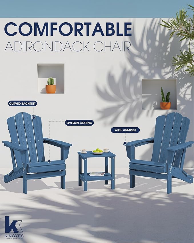 KINGYES Folding Adirondack Chair Set of 4, HDPE All-Weather Adirondack Chair, Navy