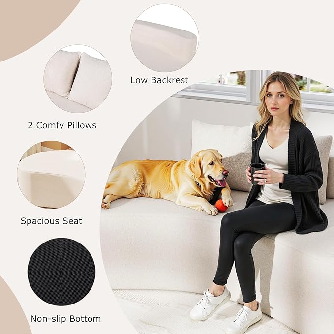 Giantex 78.5" Sofa Couch, Upholstered Loveseat with 2 Cozy Pillows, Low Backrest & Padded Seat, Anti-Slip Bottom, No Assembly, Modern Floor Couch for Living Room, Bedroom (Beige)