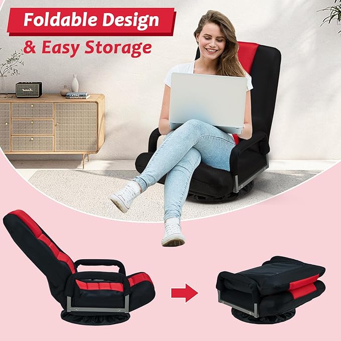 360° Swivel Chair 6 Adjustable Positions Backrest with Armrest Foldable Floor Chairs Suitable for Reading, Relaxing, Mediation,Red