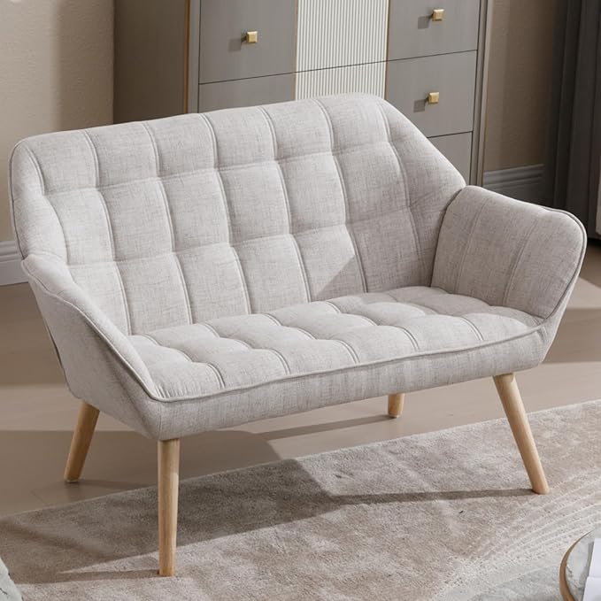QUINJAY 48" Small Loveseat Sofa, Modern Linen Fabric Mini Sofa Couch 2-Seater Love Seat with Quilting Backs and Wood Legs for Living Room, Bedroom and Small Space, Beige