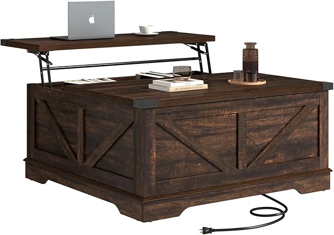 Hlivelood 40” Large Farmhouse Lift Top Coffee Table with Power Outlets and Large Hidden Storage, Square Wood Living Room Tables, Multi-Function Lift Wooden Barn Door Center Table, Brown