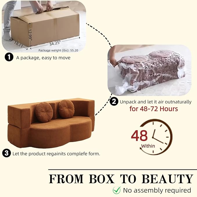 76" Convertible Folding Sofa Bed, 2-in-1 Twin Size Loveseat Sleeper Couch Bed with Two Pillows, Foldable Space-Saving | Design for Dorms Apartments Bedroom& Living Room,No Assemble(Orange)