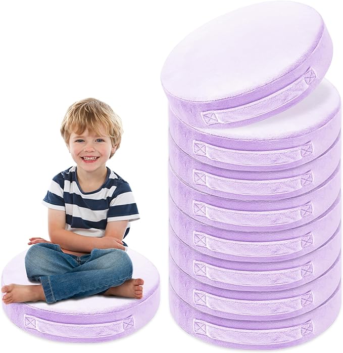 16 Pcs Round Floor Cushions for Kids, 15'' Plush Flexible Seating Pillows with Handles, Soft Chair Seats for Classroom Elementary Daycare Preschool Playroom Reading Corner Purple