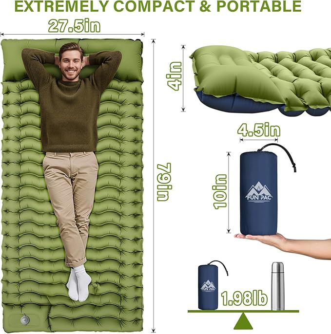 FUN PAC Camping Sleeping Pad, Ultralight Camping Mat with Pillow, Built-in Foot Pump Inflatable Sleeping Pads Compact for Camping Backpacking Hiking Traveling Tent,Single,Green