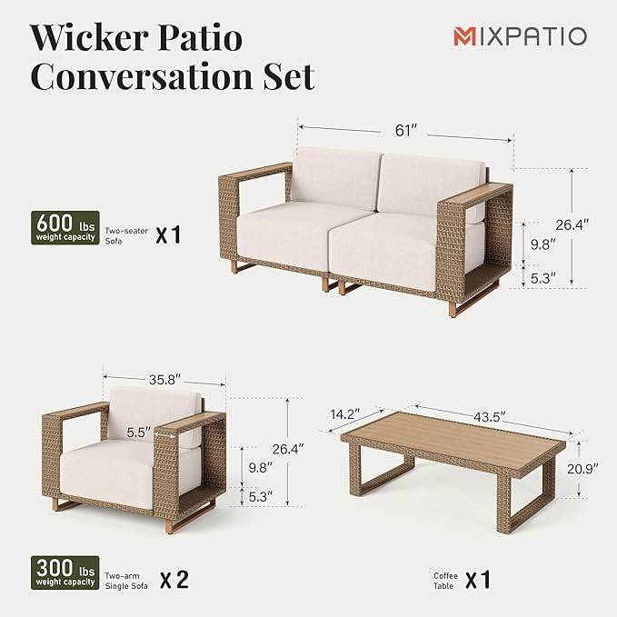 MIXPATIO Outdoor Patio Furniture Set, 5 Piece Outdoor Rattan Wicker Sofa Couch, Conversation Sets with 2 Single Sofa, 2 Armchairs and Coffee Table for Deck Backyard Lawn