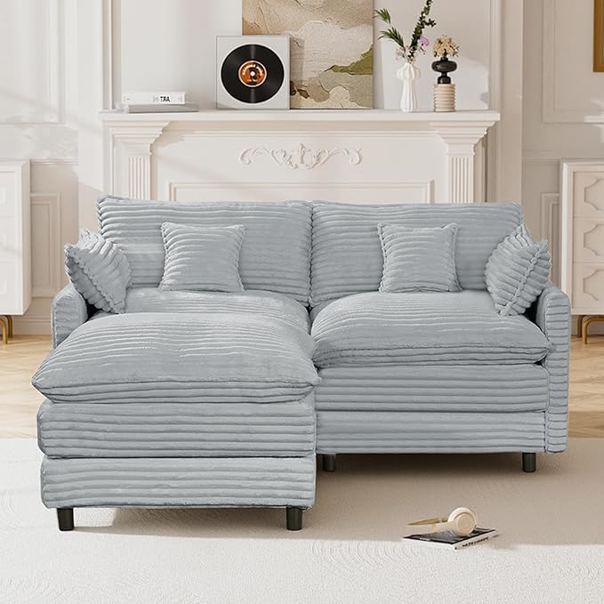 HYJT-H&K 74" L Shaped Cloud Couch Modular Small Sectional Couches for Living Room Small Spaces, Comfy Fluffy Corduroy Cloud Loveseat with Ottoman 3 Seat Sectionals Sofa, Grey