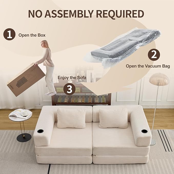 78" Loveseat Sleeper Sofa, 4 in 1 Convertible Floor Sofa Bed, Boneless Cloud Couch with Cup Holder, Fold Out Floor Couch for Living Room Bedroom Lounge, Corduroy, White
