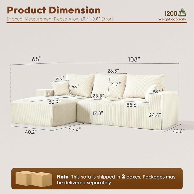 WESTSETLUX 108” Cloud Sectional Sofa Couch with High-Seat, Corduroy Modular Sofa with Oversized Chaise, High-Back Modern L-Shaped Couches for Living Room, No Assembly Required (White)