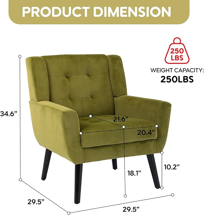 OO BY ORANGE ONLINE Velvet Accent Chair, Mid-Century Modern Tufted Armchair for Living Room, Bedroom & Office (Olive Green)