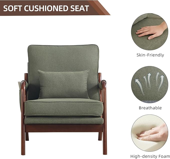 CANMOV Mid Century Modern Accent Chair with Extra Side Storage Pocket Upholstered Reading Armchair with Waist Cushion, Accent Chair for Living Room Bedroom, Easy Assembly, Green
