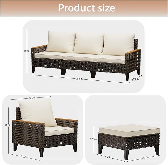 Xmkmvk 14 Piece Patio Sectional Sofa Furniture Set, All-Weather Wicker Rattan Outdoor Conversation Set with High Back and Thick Cushions, for Garden, Porch, Poolside, Beige