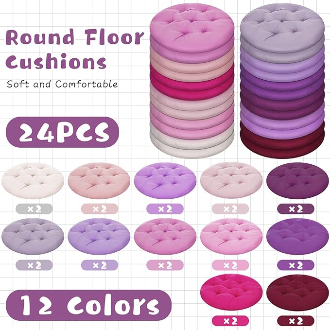 Tinideya 24 Pcs Round Floor Cushions Floor Pillows Meditation Seat Pillows Flexible Seating for Adults Kids, Chair Cushions for Classroom, Nursery, Living Room, Yoga(Medium 15.7 Inch,Pink-Purple)