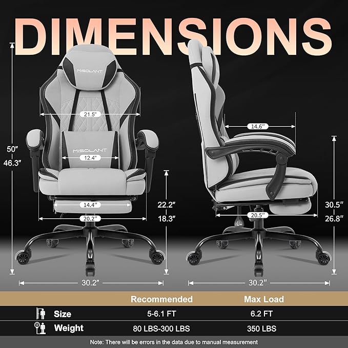 Misolant Gaming Chair, Fabric Gamer Chair with footrest for Adults, High Back Ergonomic Computer Game Chair with Adjustable Headrest and Massage Lumbar Support, 90-155° Recline Free, Gray
