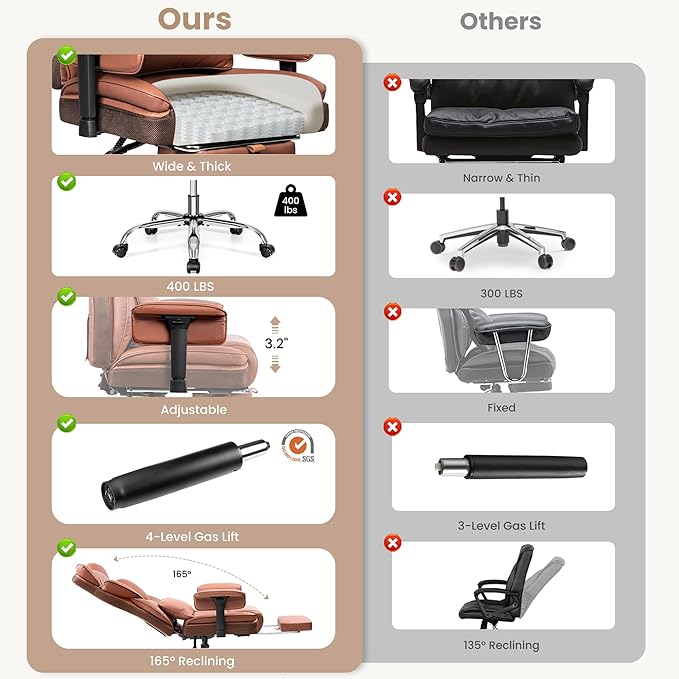 BESTFAIR Big and Tall Office Chair - 400 LBS High Back Executive Chair with Footrest, Ergonomic Office Chair for Heavy People, Wide Padded Seat Computer Gaming Chair, Brown 2 Pack