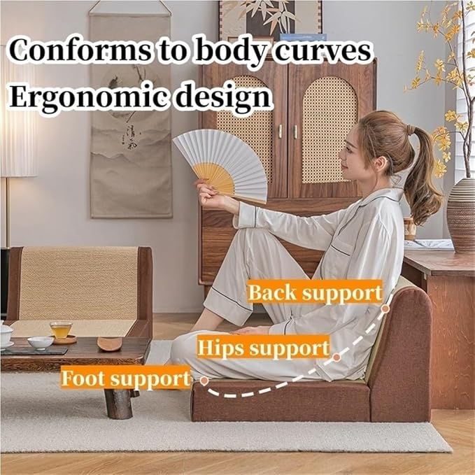 Vintage Floor Chair, Low Meditation Chair with Padded Backrest, Comfortable Ergonomic Lounge Seat, Bamboo Silk Legless Reading Chair for Balcony, Bay Window, Living Room & Bedroom(Brown,67*55*38cm)
