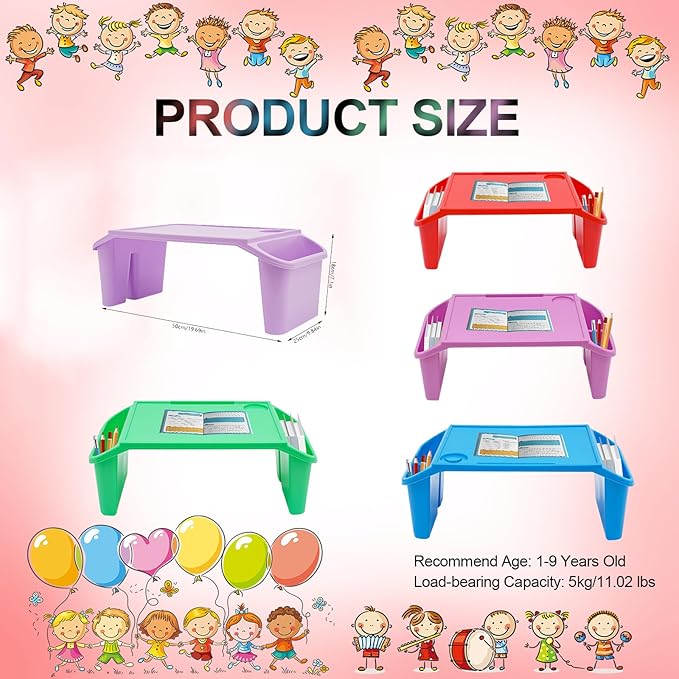 Set of 4 Kids Lap Desk Tray, Portable Activity Table, Plastic, Stackable for Drawing, Writing, Eating, Classroom, 19.69" L x 9.84" W x 7.09" H, Multicolor