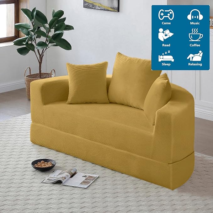 67" Round Convertible Folding Sofa Bed, Boneless Couch Loveseat, Floor Sleeper Chaise Lounge for Living Room, Apartment, Dorm, Small Spaces, Yellow
