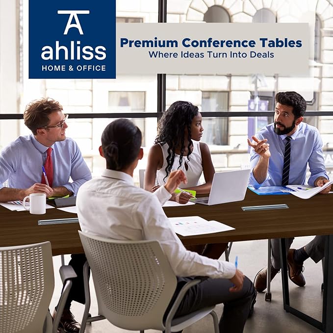 ahliss Sturdy Conference Table with Cable Management Grommets Modern Rectangle Office Meeting Table with Wood Tabletop and Metal Frame & Legs- Easy Assembly Boardroom Table (Dark Brown, 8 Foot)