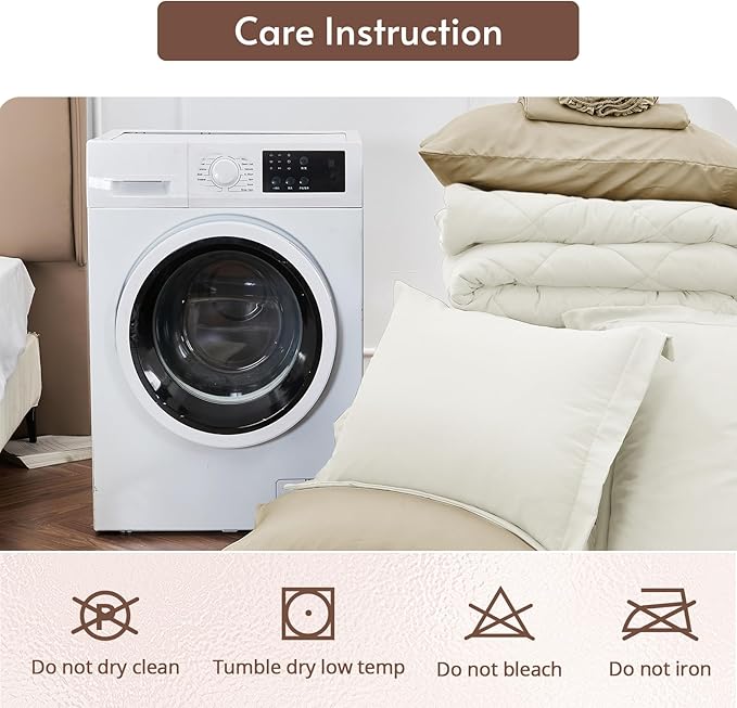 MUXHOMO 7 Pieces King Comforter Set, Reversible Bed in a Bag King Size, All Season Bedding Set with Comforter, Flat Sheet, Fitted Sheet, Pillowcases & Shams, Ivory & Khaki