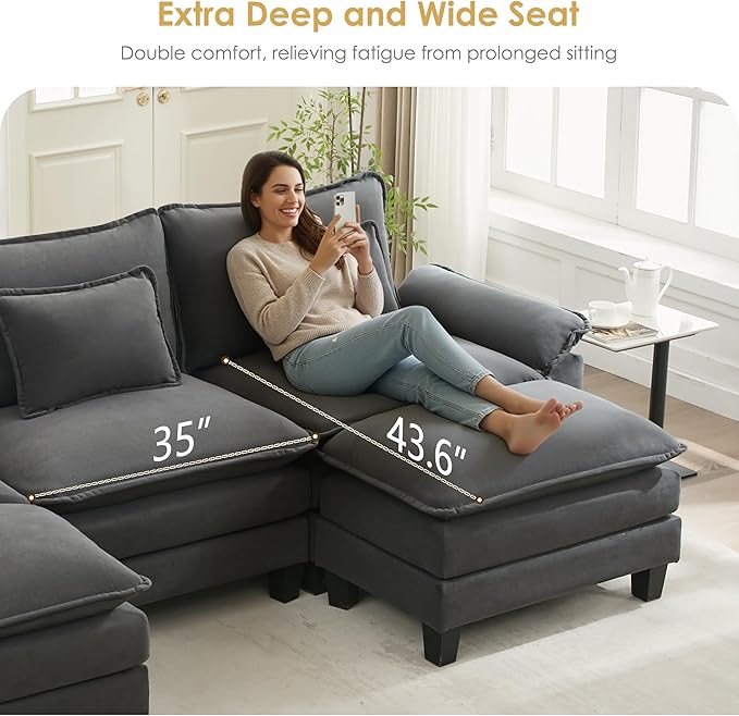 URRED Cloud Couch Modular Sectional Sofa, 122" Modern U Shaped Deep Seat Sofa with 2 Ottomans & Pillows, Ultra Comfy Velvet Couches for Living Room, Bedroom or Apartment, Dark Gray