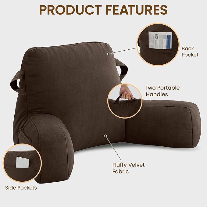 Unisakey Portable Comfy Reading Pillows for Bed Sitting Up(Brown Oeko-Tex), Velvet Back Pillow with Arms & Pockets for Adults, Support Memory Foam Bed Pillow for Dorm/Reading/Watching/Gaming