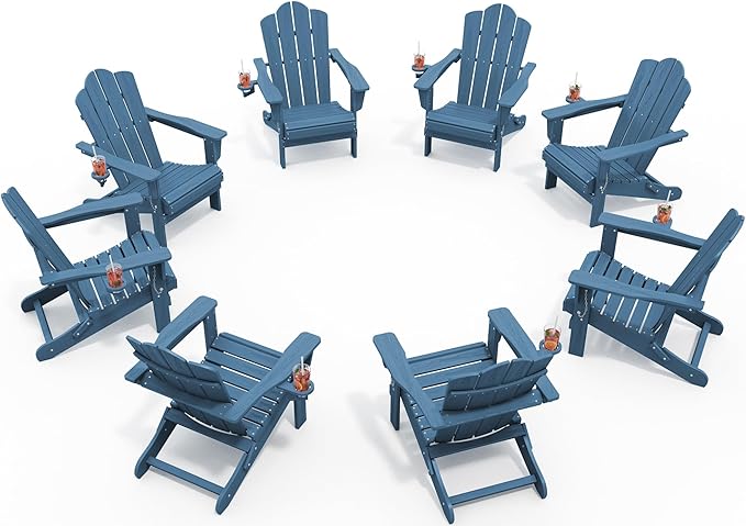 KINGYES Folding Adirondack Chair Set of 8, HDPE All-Weather Patio Chairs with Cup Holder, Wooden Textured Fire Pit Chairs for Poolside, Backyard, Deck, Navy