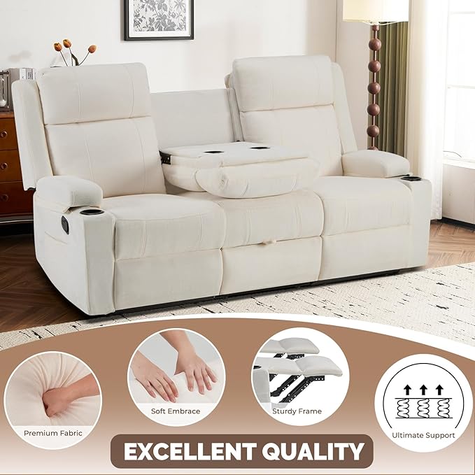 PALLOME Chenille Reclining Sofa 3-Seater with Convertible Table, Storage Ottoman & Cup Holders | Modern Space-Saving Couch, Ergonomic Living Room Furniture (Cream)