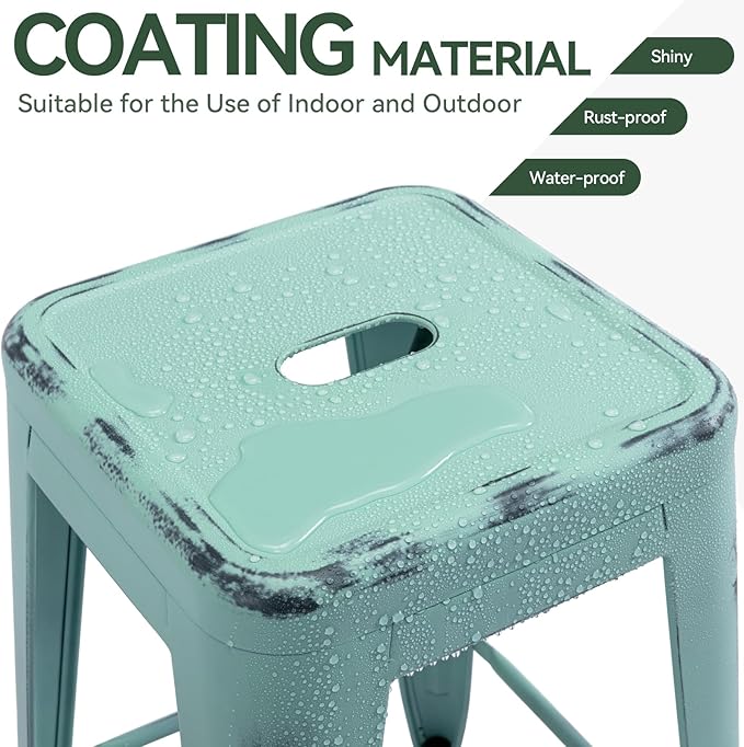 Vogue Furniture Direct 24 Inch Metal Bar Stools, Backless Counter Height Barstools, Indoor Outdoor Stackable Stools with Square Seat, Set of 2 (Distressed Mint Green)