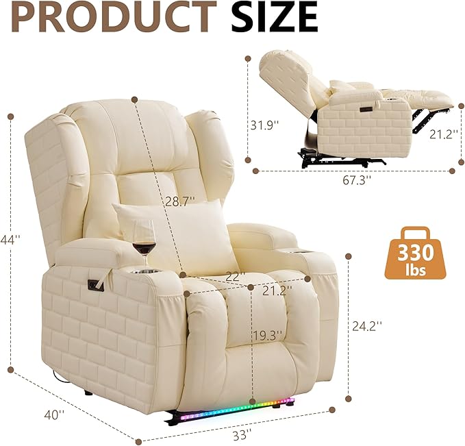 Wall Hugger Power Recliner Chair with Heat and Massage, Overstuffed Reclining Sofa Chair for Living Room Home Theater RV with 3-Side LED Lights/Cup Holders/USB & Type C Port (White)