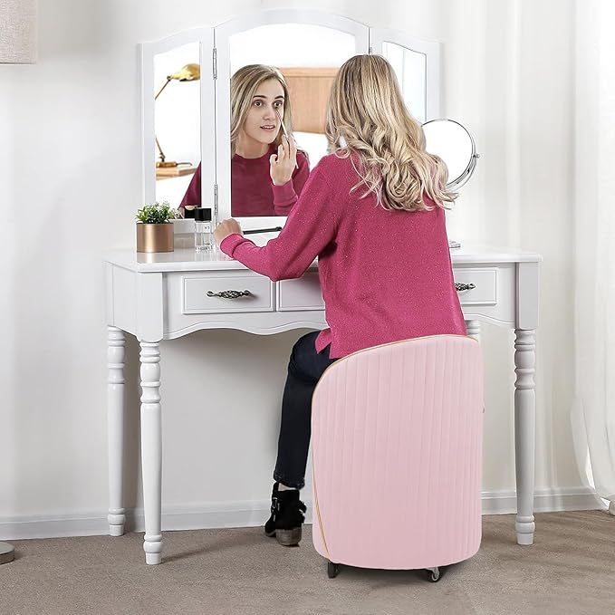 Round Storage Ottoman, Upholstered Velvet Vanity Stool with Lumbar Support, Swivel Rolling Wheels, Small Foot Stools Coffee Table Padded Seat for Makeup Room, Living Room, Bedroom (Pink)