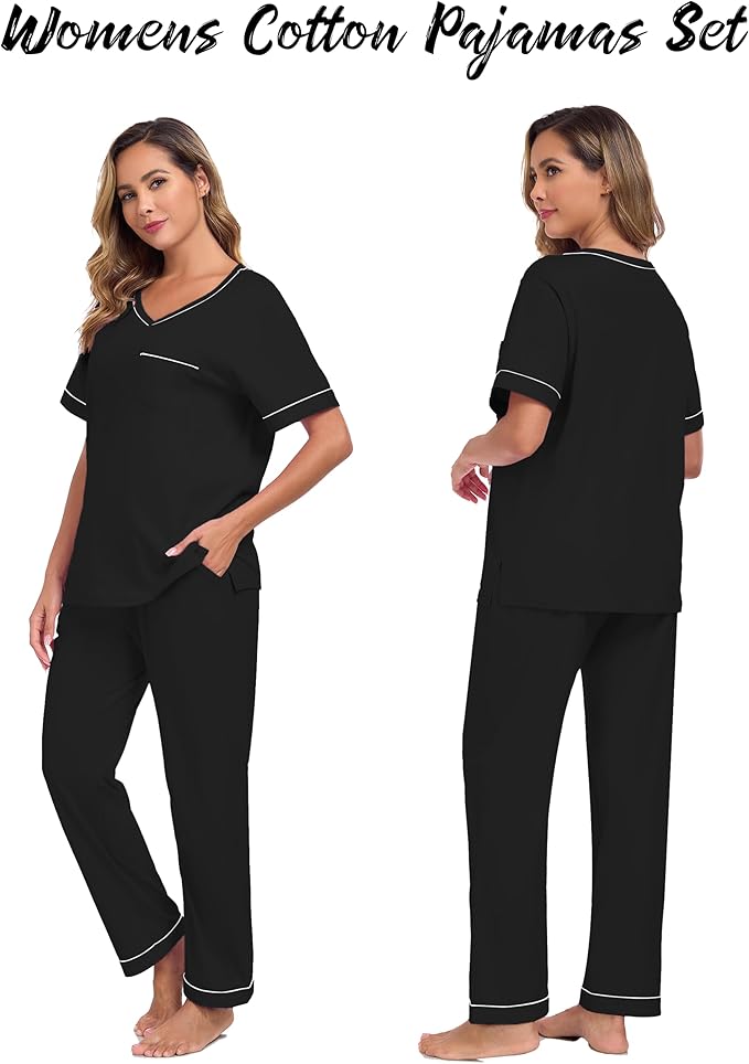 CF Women's 100% Cotton Pajama Sets Soft Short Sleeve Tops & Pants Comfy Sleepwear 2 Piece Lounge set with Pockets Loungewear