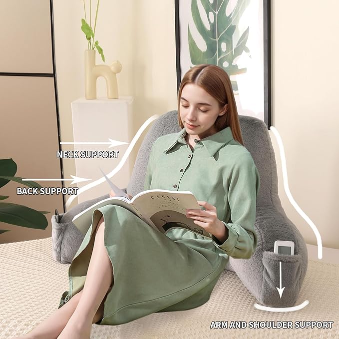 PAJEO Reading Pillow for Sitting in Bed, Large Backrest Reading Pillow with Arm Rest,Back-Rest Support Cushion for Sit Up on Couch, Sofa, and Floor, Dorm Essentials (Gray Faux Fur, Large(19"))