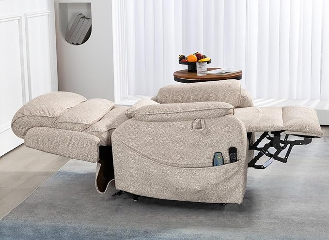 Beige Recliner Chair for Elderly | Tall and Big Man 400lbs | Chenille | Power Lift, Lay Flat, Stand Up, Wireless Charging Device, Extended Footrest, Massage Heat, Cup Holder, Lumbar Pillow