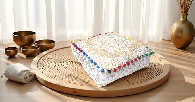 CRAFT KALA 24" Square Large Hippie Mandala Meditation Floor Ottoman Pillow Cushion Pouf Cover Square Poufs Bohemian Circle Floor Cushion Case Outdoor Fireplace Living Decor Cover White Gold Flower