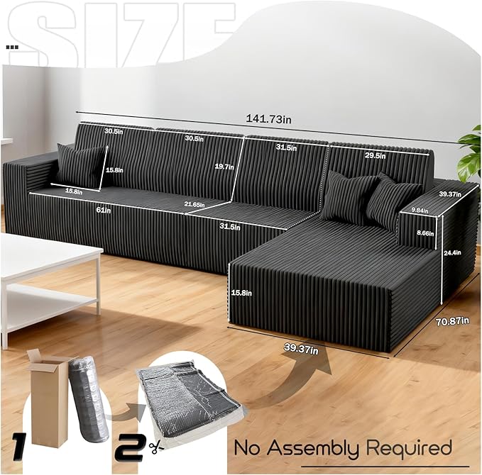Komusou 142" Boneless Couch, Cloud Modular Sectional Sofa with L-Shape Chaise and Deep Seat, Modern Upholstered Couches for Living Room Bedroom No Assembly Required (Grey, Right Facing Chaise)