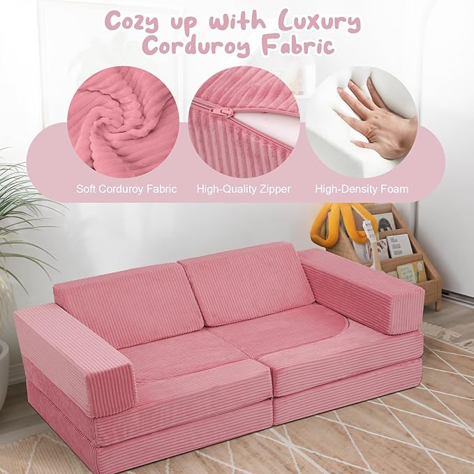MeMoreCool 10-Piece Kids Modular Play Couch — Corduroy Convertible Foam Sofa Set for Building Forts, Lounging & Creative Play, Washable Covers, Child Room & Playroom Furniture, Pink
