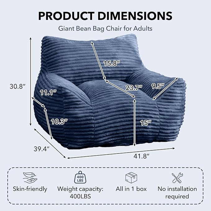 Giant Bean Bag Chair for Adults, Corduroy Upholstered Beanbag Chair with Side Pocket, Comfy Bean Bag Sofa with Portable Handle, Floor Sofa Chair for Bedroom (Blue)